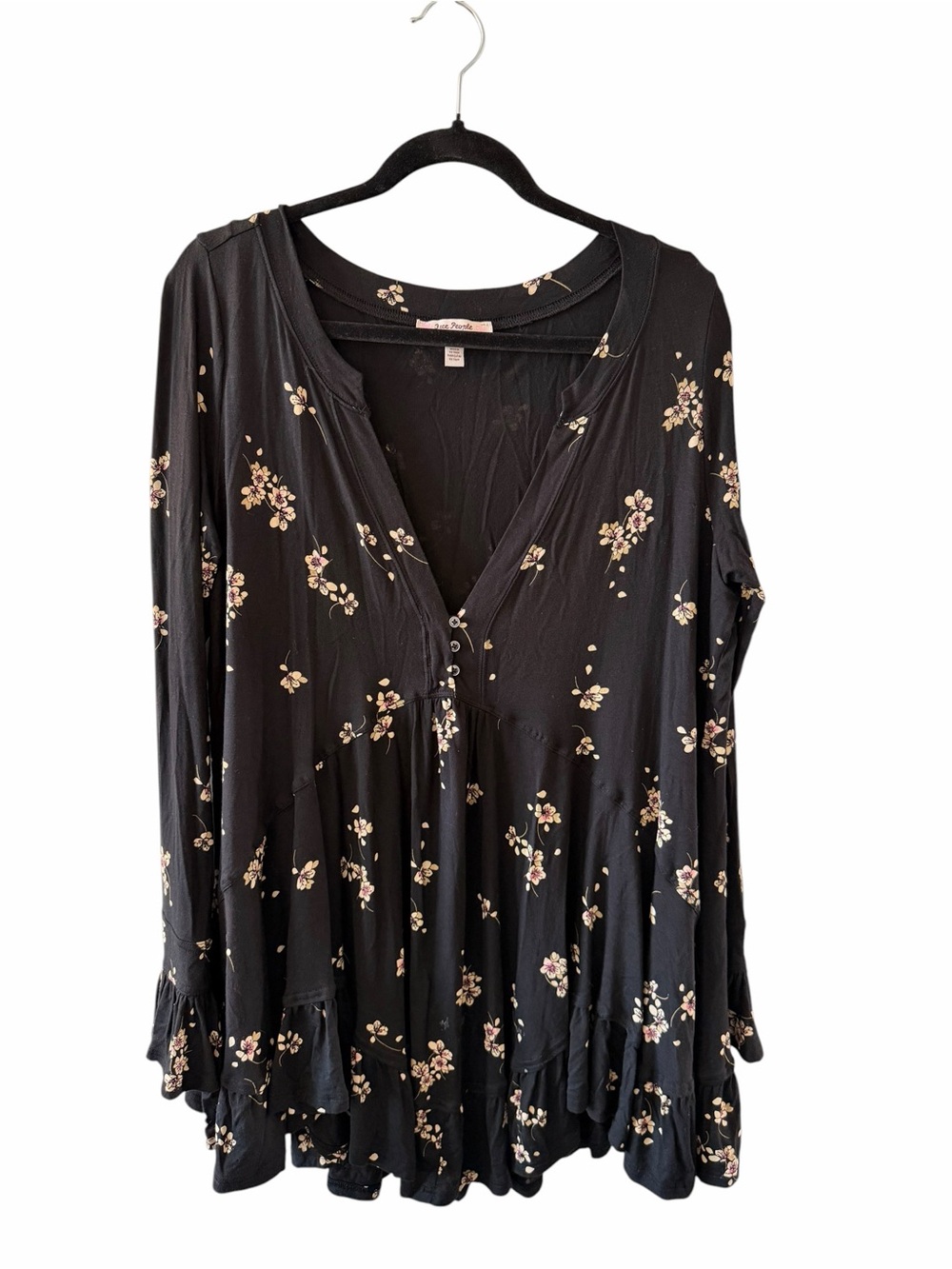 Free People Black Ruffle Tunic Mini Dress with Cream Floral Motif sz M